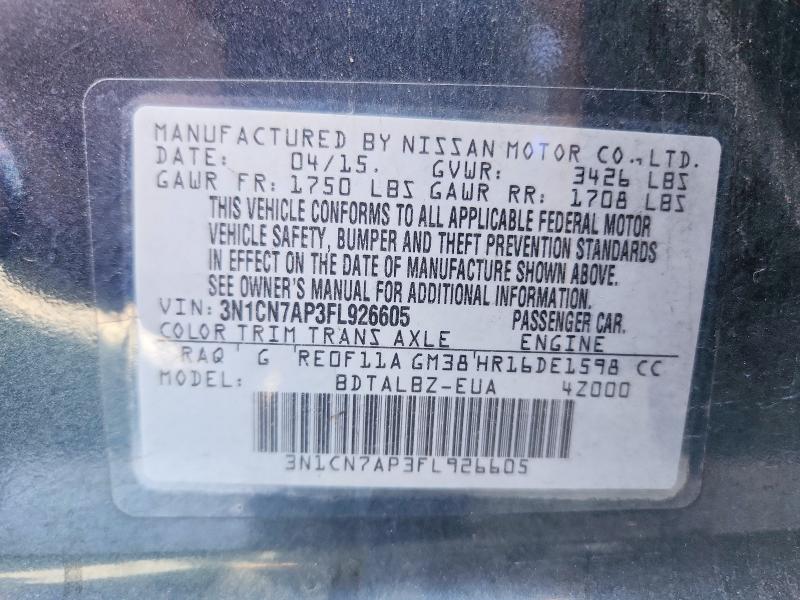 54198316 :رقم المزاد ، 3N1CN7AP3FL926605 vin ، 2015 Nissan Versa مزاد بيع