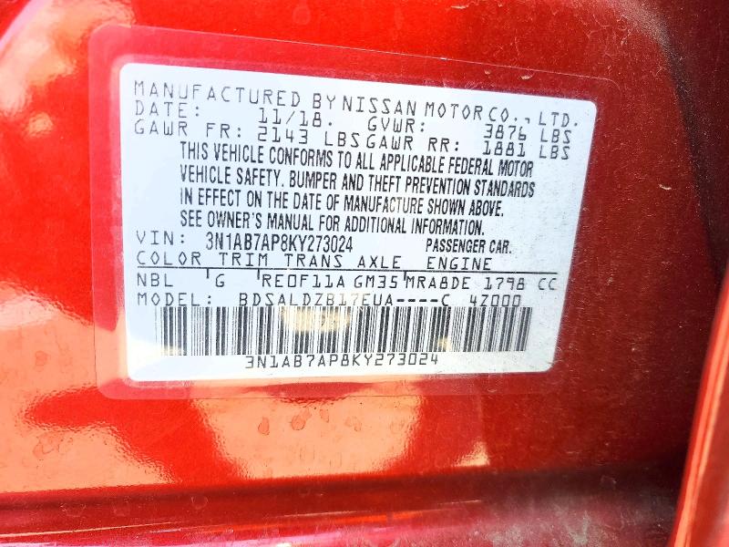 Продаж на аукціоні авто 2019 Nissan Sentra, vin: 3N1AB7AP8KY273024, номер лоту: 52959216