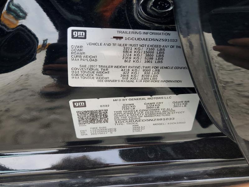 2022 Chevrolet Silverado მანქანა იყიდება აუქციონზე, vin: 1GCUDAED5NZ591033, აუქციონის ნომერი: 53322356