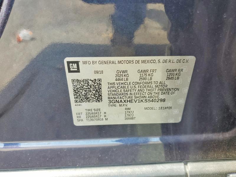 2019 Chevrolet Equinox მანქანა იყიდება აუქციონზე, vin: 3GNAXHEV1KS540298, აუქციონის ნომერი: 54197496