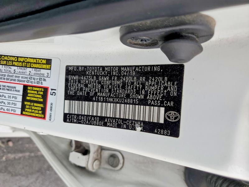 52959226 :رقم المزاد ، 4T1B11HKXKU248815 vin ، 2019 Toyota Camry مزاد بيع