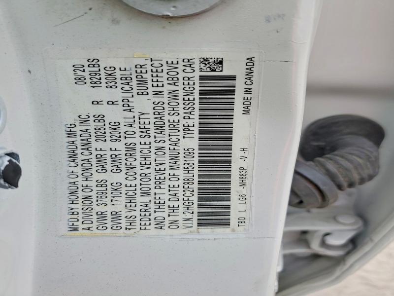 2020 Honda Civic მანქანა იყიდება აუქციონზე, vin: 2HGFC2F88LH581095, აუქციონის ნომერი: 53546186