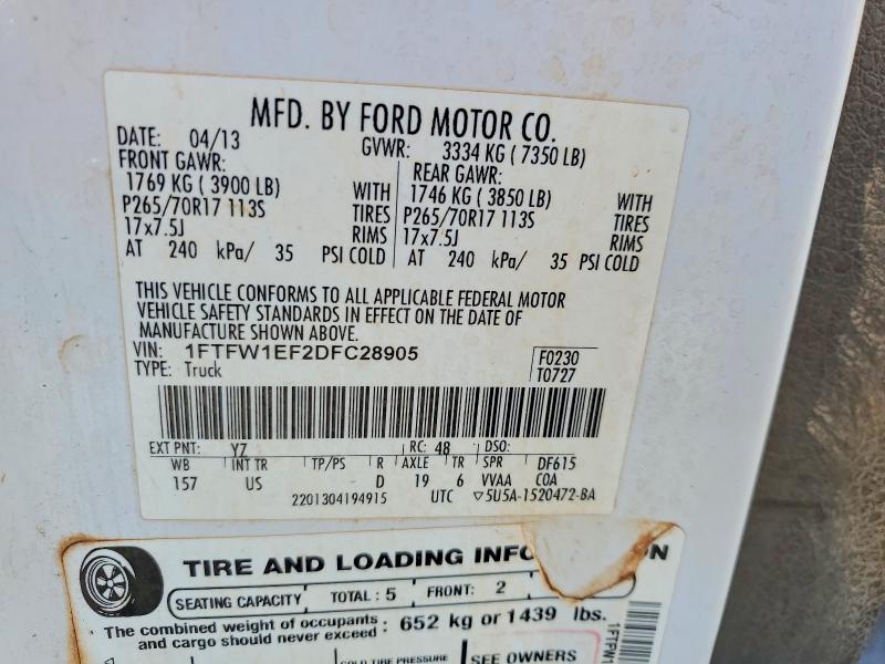 2013 Ford F150 მანქანა იყიდება აუქციონზე, vin: 1FTFW1EF2DFC28905, აუქციონის ნომერი: 54855116