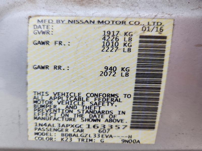 2016 Nissan Altima მანქანა იყიდება აუქციონზე, vin: 1N4AL3APXGC163357, აუქციონის ნომერი: 54203226