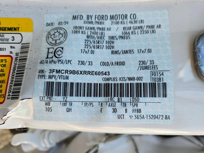 52625936 :رقم المزاد ، 3FMCR9B6XRRE60543 vin ، 2024 Ford Bronco Sport مزاد بيع