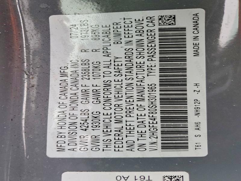 Продаж на аукціоні авто 2025 Honda Civic, vin: 2HGFE4F80SH301965, номер лоту: 52514036