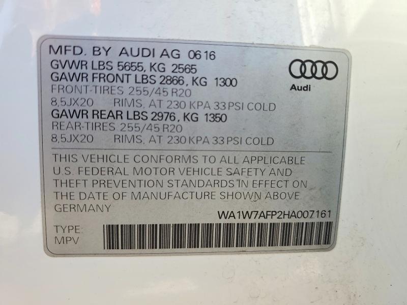 Продаж на аукціоні авто 2017 Audi Q5, vin: WA1W7AFP2HA007161, номер лоту: 52955766