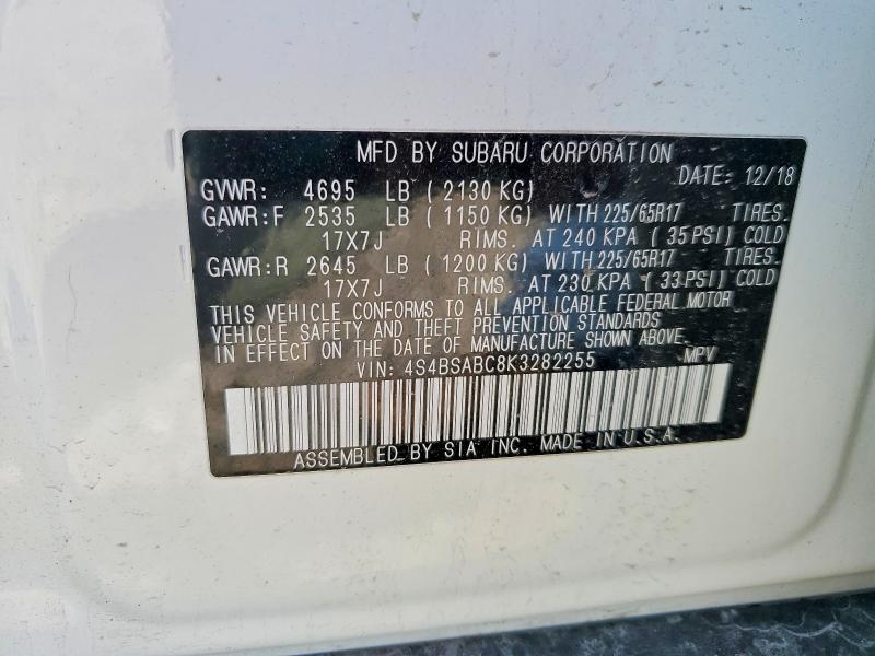 Продаж на аукціоні авто 2019 Subaru Outback, vin: 4S4BSABC8K3282255, номер лоту: 52163296