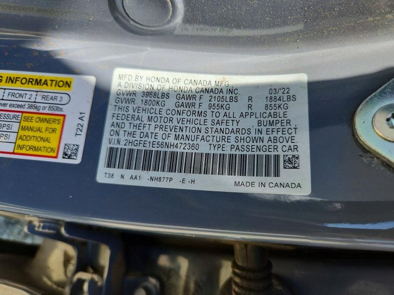 52928086 :رقم المزاد ، 2HGFE1E56NH472360 vin ، 2022 Honda Civic مزاد بيع