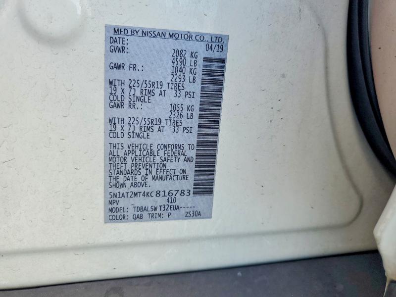 53502086 :رقم المزاد ، 5N1AT2MT4KC816783 vin ، 2019 Nissan Rogue مزاد بيع