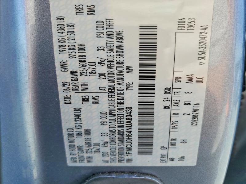 2022 Ford Escape მანქანა იყიდება აუქციონზე, vin: 1FMCU0H64NUA80439, აუქციონის ნომერი: 52218826