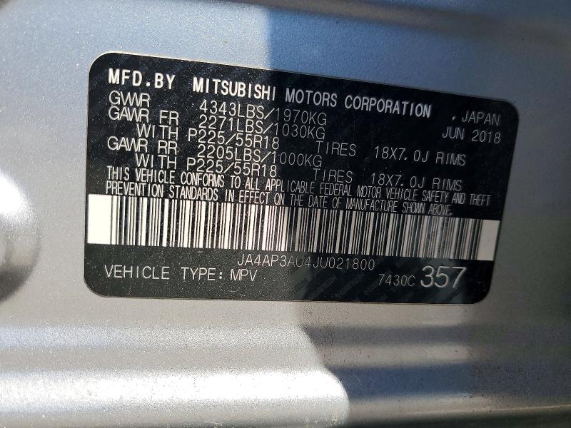 53641466 :رقم المزاد ، JA4AP3AU4JU021800 vin ، 2018 Mitsubishi Outlander Sport مزاد بيع