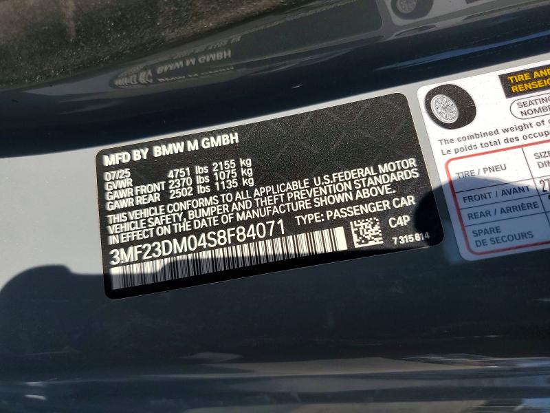 54673376 :رقم المزاد ، 3MF23DM04S8F84071 vin ، 2025 Bmw M2 مزاد بيع