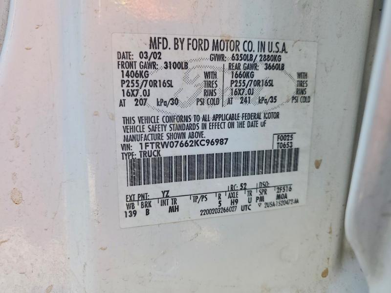 2002 Ford F150 მანქანა იყიდება აუქციონზე, vin: 1FTRW07662KC96987, აუქციონის ნომერი: 52233146