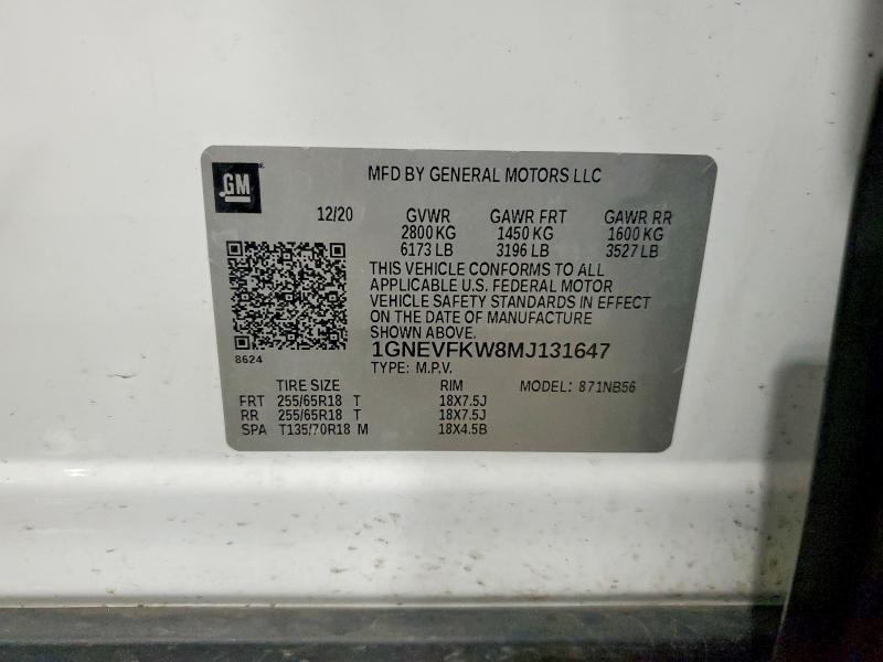 51833346 :رقم المزاد ، 1GNEVFKW8MJ131647 vin ، 2021 Chevrolet Traverse مزاد بيع