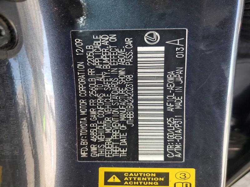 55187186 :رقم المزاد ، JTHBB1BA2A2023198 vin ، 2010 Lexus Hs 250h مزاد بيع