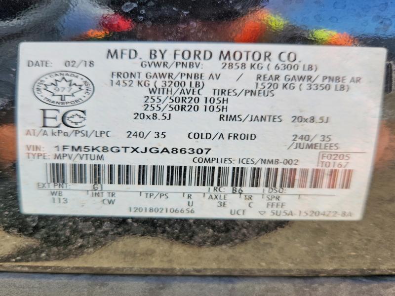 52117906 :رقم المزاد ، 1FM5K8GTXJGA86307 vin ، 2018 Ford Explorer مزاد بيع
