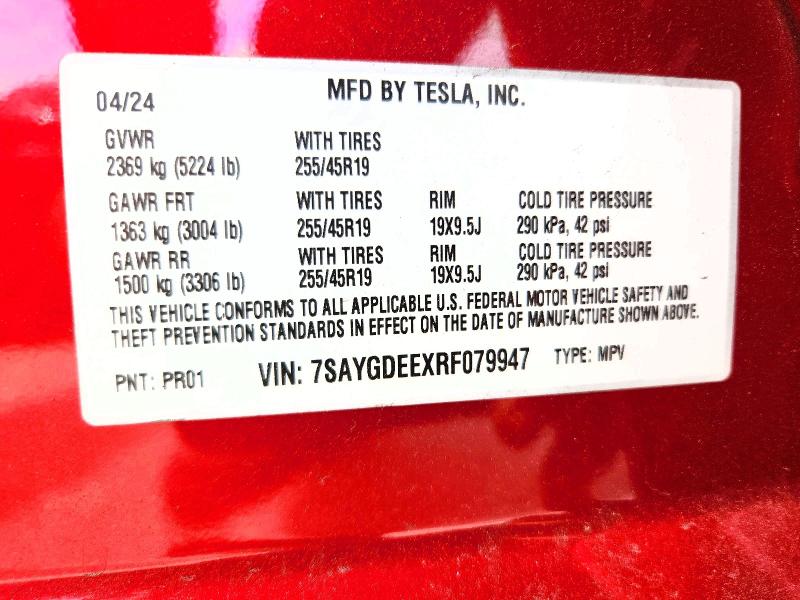 55558896 :رقم المزاد ، 7SAYGDEEXRF079947 vin ، 2024 Tesla Model Y مزاد بيع