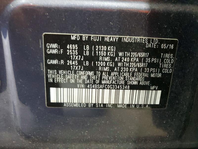 52024046 :رقم المزاد ، 4S4BSAFC0G3345348 vin ، 2016 Subaru Outback مزاد بيع