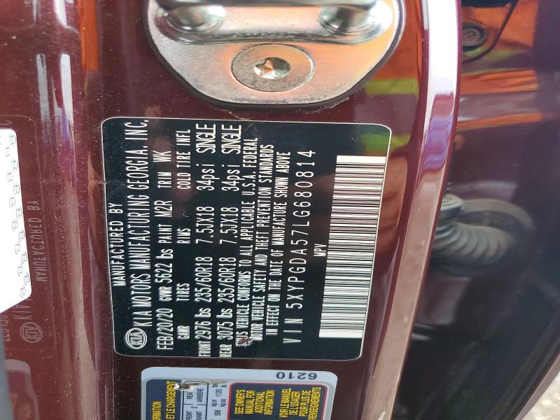 52433756 :رقم المزاد ، 5XYPGDA57LG680814 vin ، 2020 Kia Sorento مزاد بيع