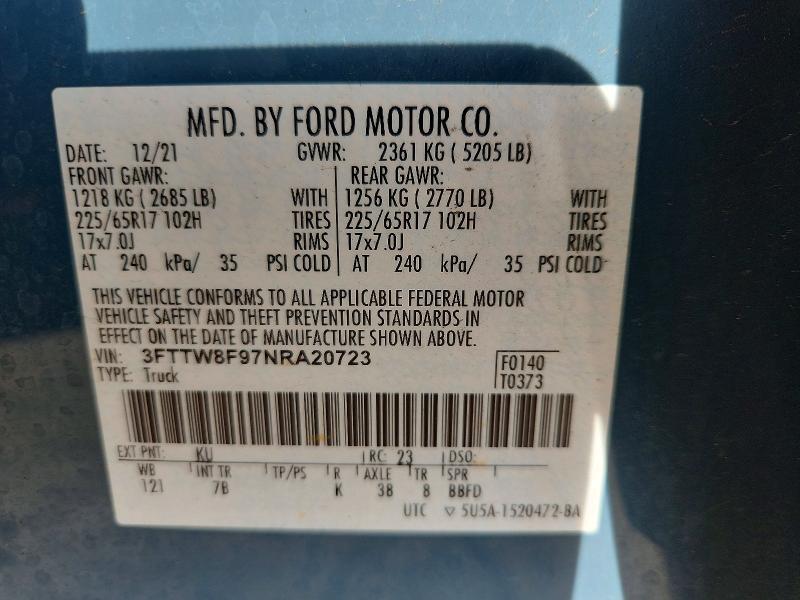 Aukcja sprzedaży 2022 Ford Maverick, vin: 3FTTW8F97NRA20723, numer aukcji: 54060746