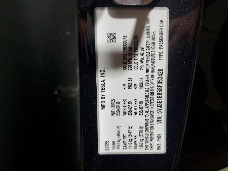 55155596 :رقم المزاد ، 5YJ3E1EB6SF053420 vin ، 2025 Tesla Model 3 مزاد بيع