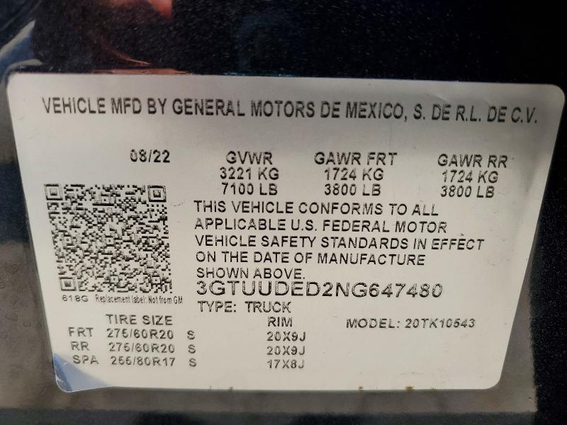 Aukcja sprzedaży 2022 Gmc Sierra, vin: 3GTUUDED2NG647480, numer aukcji: 53708656