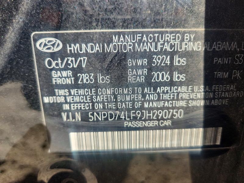 53570386 :رقم المزاد ، 5NPD74LF9JH290750 vin ، 2018 Hyundai Elantra مزاد بيع