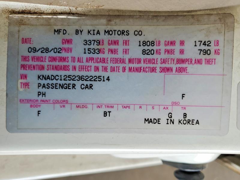 52522276 :رقم المزاد ، KNADC125236222514 vin ، 2003 Kia Rio مزاد بيع