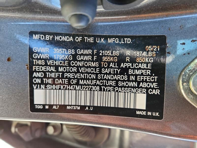 54400396 :رقم المزاد ، SHHFK7H47MU227308 vin ، 2021 Honda Civic مزاد بيع