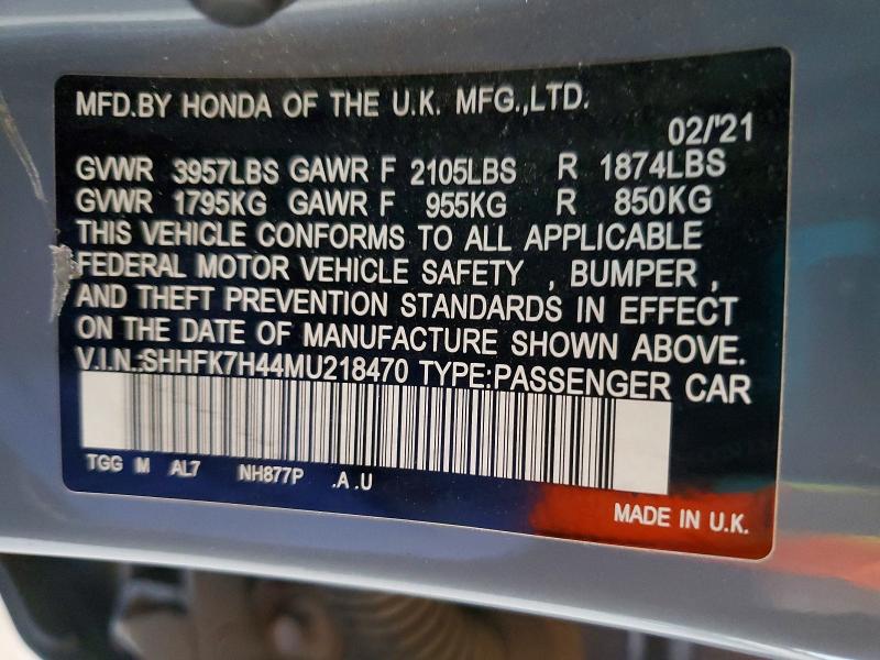 53986366 :رقم المزاد ، SHHFK7H44MU218470 vin ، 2021 Honda Civic مزاد بيع