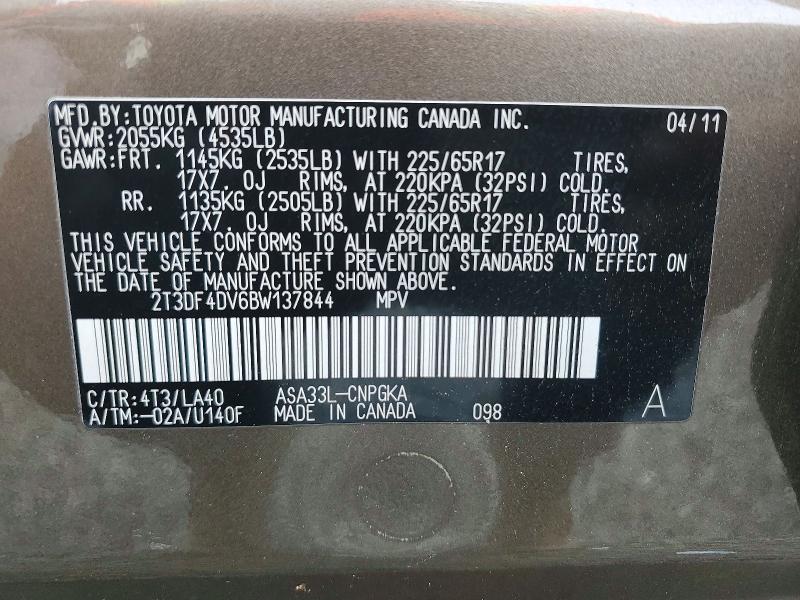 55242196 :رقم المزاد ، 2T3DF4DV6BW137844 vin ، 2011 Toyota Rav4 مزاد بيع