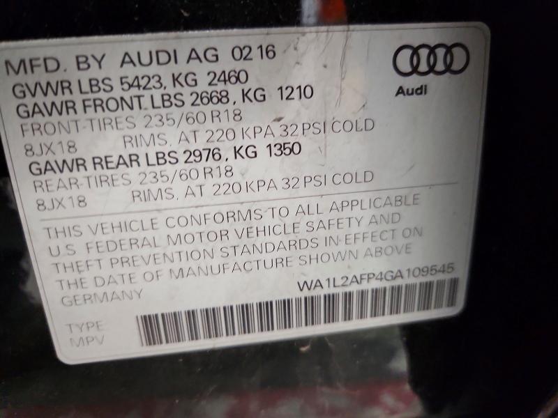 2016 Audi Q5 მანქანა იყიდება აუქციონზე, vin: WA1L2AFP4GA109545, აუქციონის ნომერი: 73366995