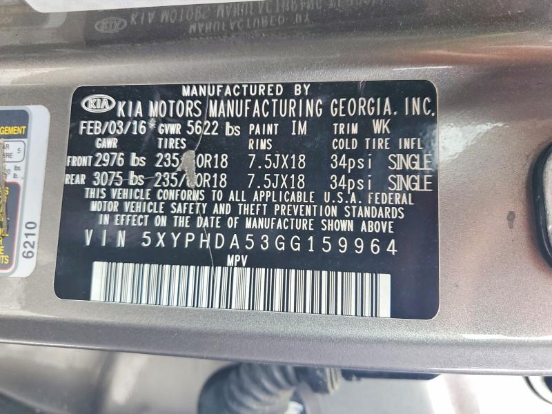 54633456 :رقم المزاد ، 5XYPHDA53GG159964 vin ، 2016 Kia Sorento مزاد بيع