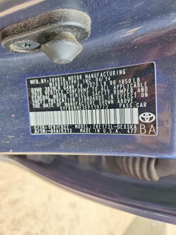 Aukcja sprzedaży 2014 Toyota Corolla, vin: 5YFBURHE3EP119773, numer aukcji: 54761286