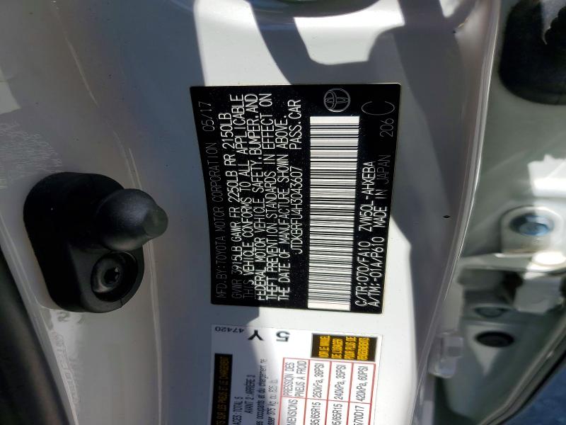 54115746 :رقم المزاد ، JTDKBRFU4H3043607 vin ، 2017 Toyota Prius مزاد بيع