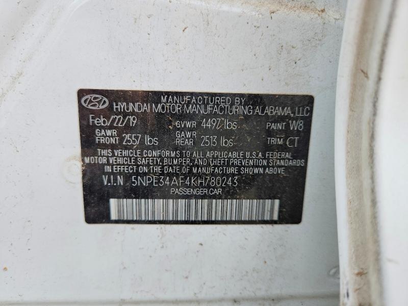 2019 Hyundai Sonata მანქანა იყიდება აუქციონზე, vin: 5NPE34AF4KH780243, აუქციონის ნომერი: 51785016