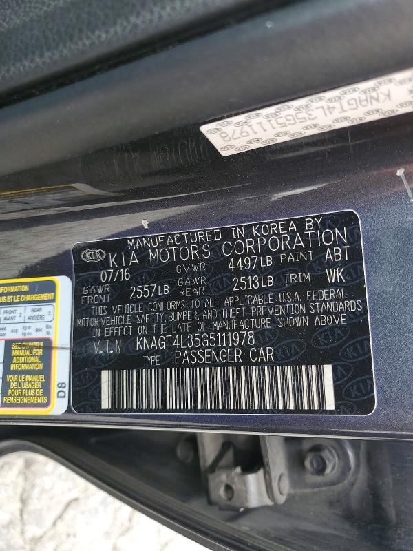 Aukcja sprzedaży 2016 Kia Optima, vin: KNAGT4L35G5111978, numer aukcji: 55428036