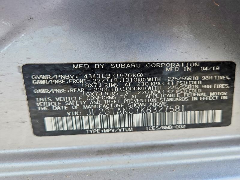 Aukcja sprzedaży 2019 Subaru Crosstrek, vin: JF2GTANC7K8327581, numer aukcji: 53277686