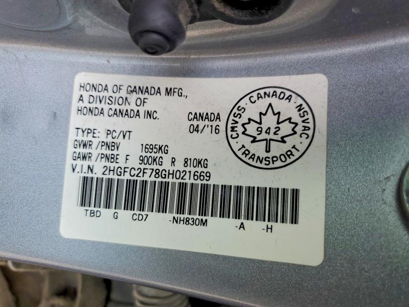 Aukcja sprzedaży 2016 Honda Civic, vin: 2HGFC2F78GH021669, numer aukcji: 52206626