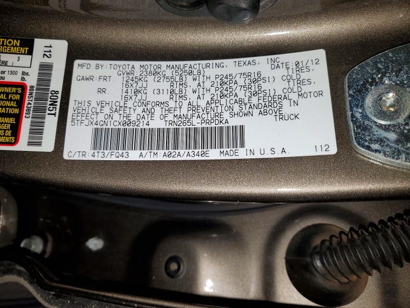 54538836 :رقم المزاد ، 5TFJX4GN1CX009214 vin ، 2012 Toyota Tacoma مزاد بيع