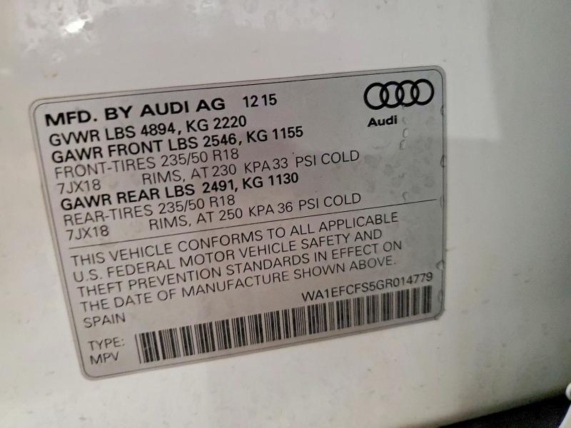54714266 :رقم المزاد ، WA1EFCFS5GR014779 vin ، 2016 Audi Q3 مزاد بيع