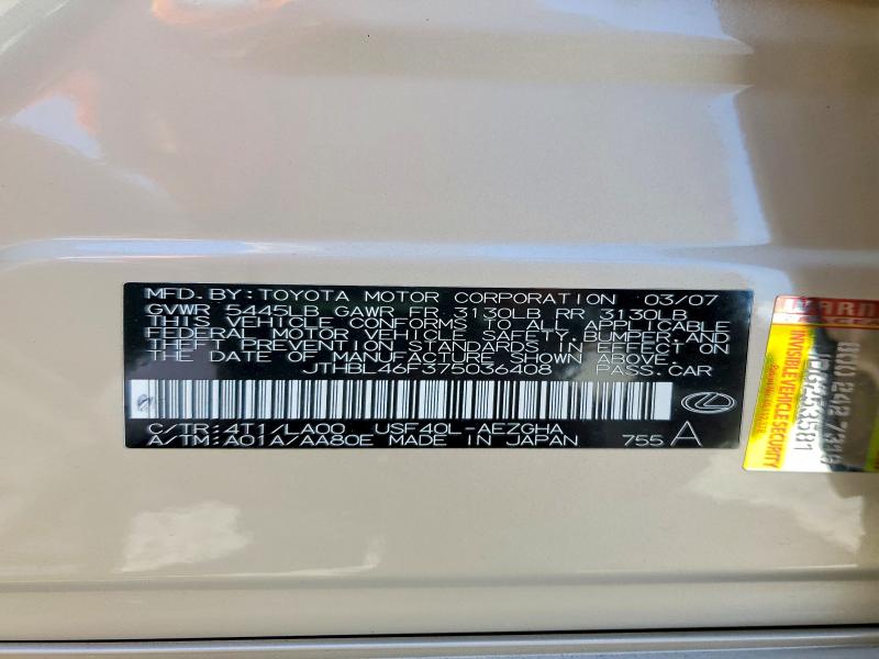 52260936 :رقم المزاد ، JTHBL46F375036408 vin ، 2007 Lexus Ls مزاد بيع