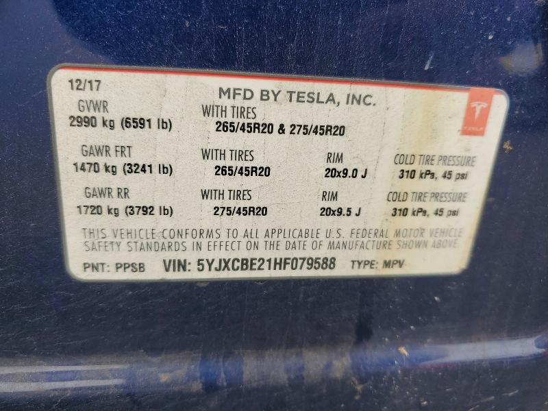 2017 Tesla Model X მანქანა იყიდება აუქციონზე, vin: 5YJXCBE21HF079588, აუქციონის ნომერი: 52866516