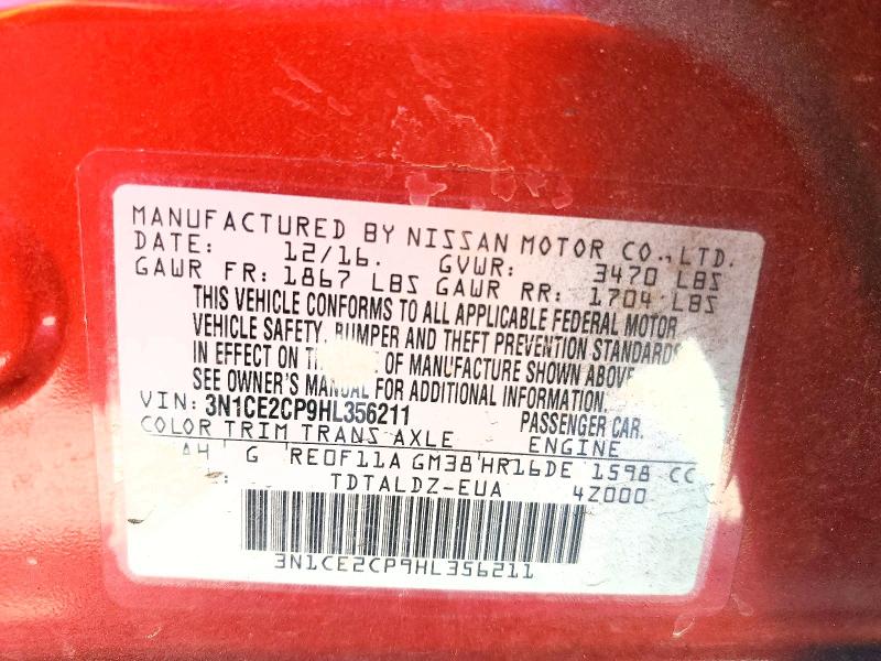 54187296 :رقم المزاد ، 3N1CE2CP9HL356211 vin ، 2017 Nissan Versa Note مزاد بيع