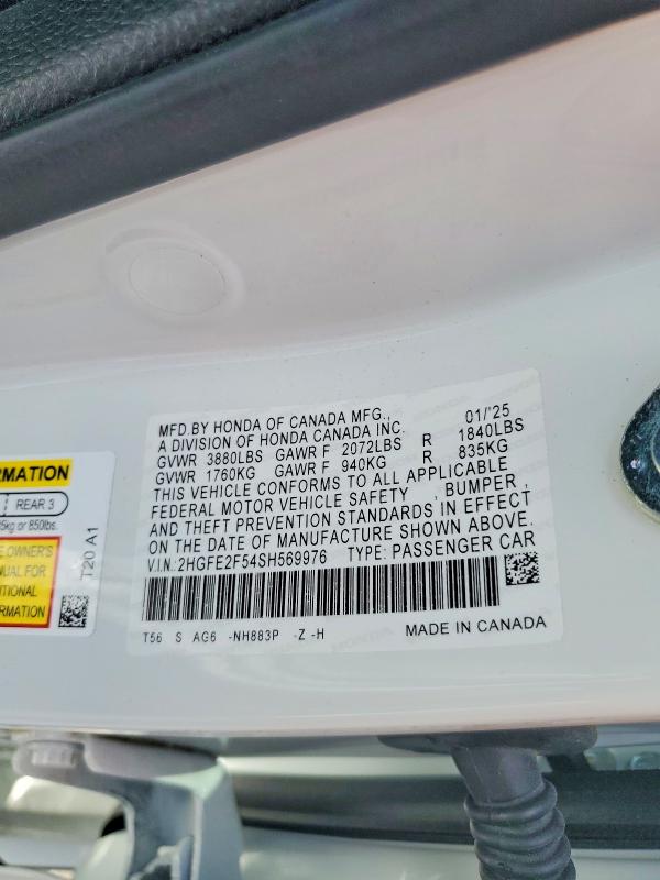 Aukcja sprzedaży 2025 Honda Civic, vin: 2HGFE2F54SH569976, numer aukcji: 55557446