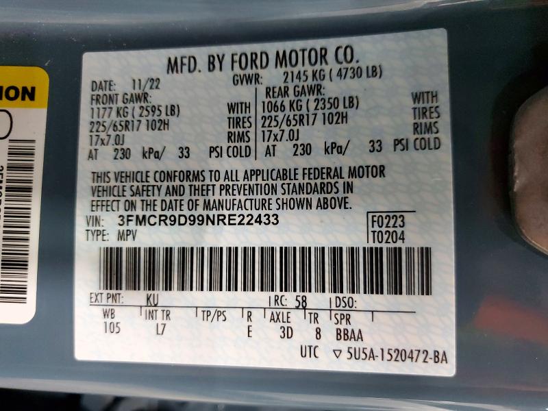 Продажа на аукционе авто 2022 Ford Bronco Sport, vin: 3FMCR9D99NRE22433, номер лота: 52025056