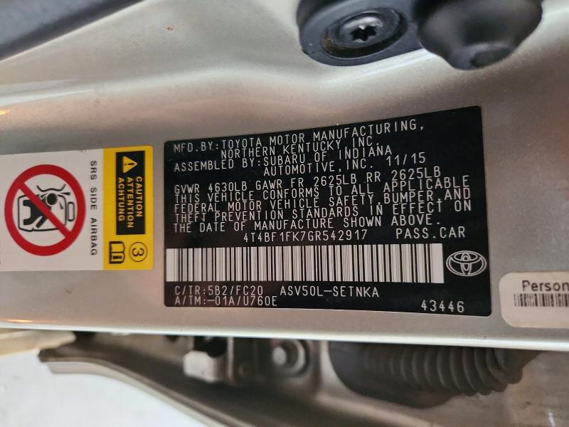 55424646 :رقم المزاد ، 4T4BF1FK7GR542917 vin ، 2016 Toyota Camry مزاد بيع