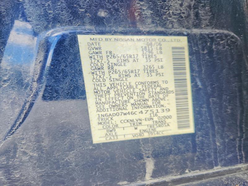 2006 Nissan Frontier მანქანა იყიდება აუქციონზე, vin: 1N6AD07W46C475139, აუქციონის ნომერი: 52102606