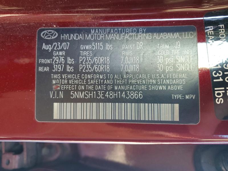 2008 Hyundai Santa Fe მანქანა იყიდება აუქციონზე, vin: 5NMSH13E48H143866, აუქციონის ნომერი: 53519176